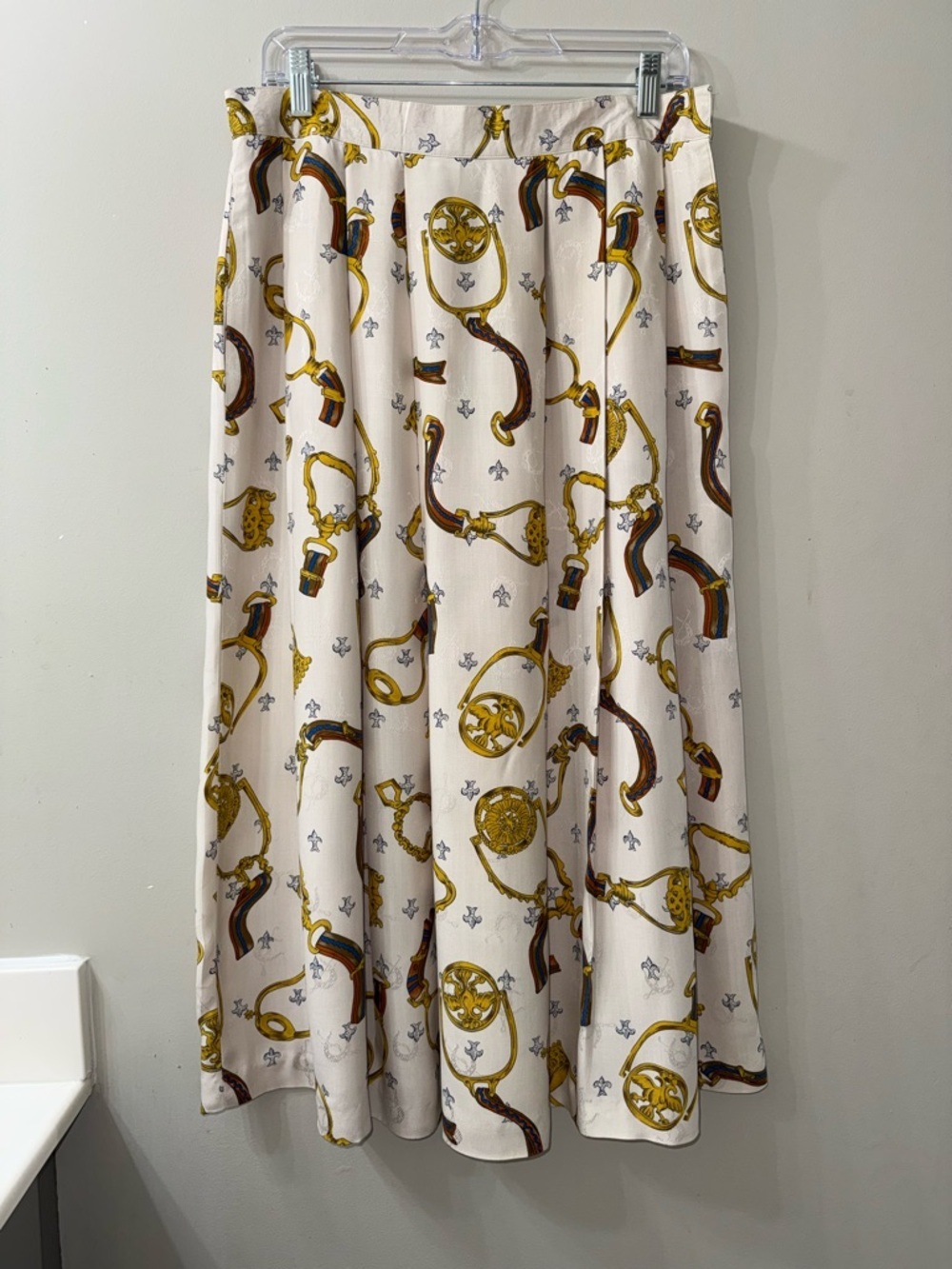 Vintage Equestrian Chain Print Pleated Midi Skirt Sz 16 Old Money Preppy Chic - Picture 7 of 14